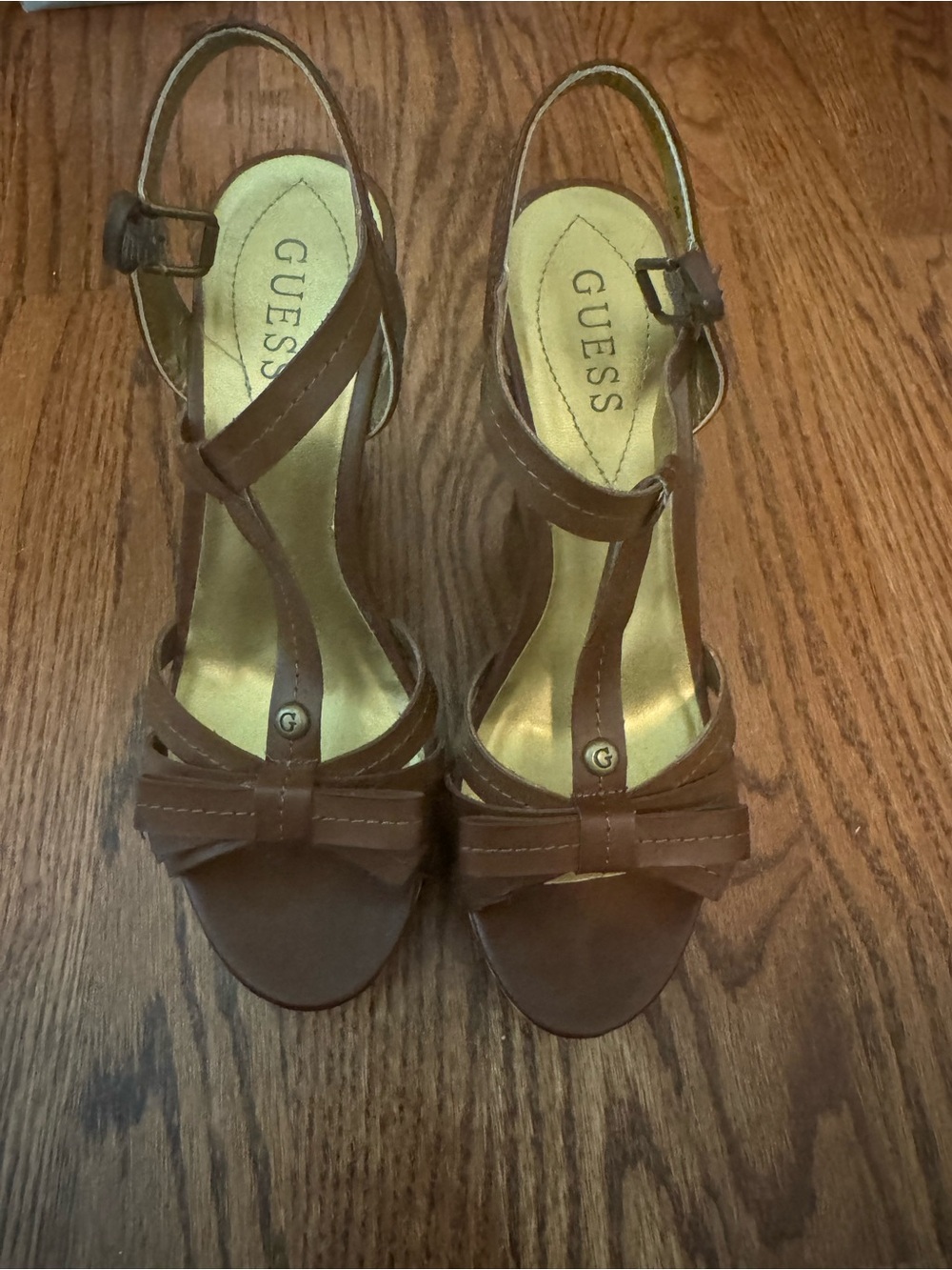 GUESS Brown Bow T-Strap Open-Toe Women's Heels